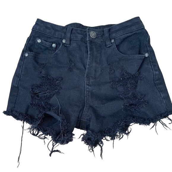 Almost Famous jean shorts denim cutoff raw hem black high waisted SZ 0 - Picture 1 of 5
